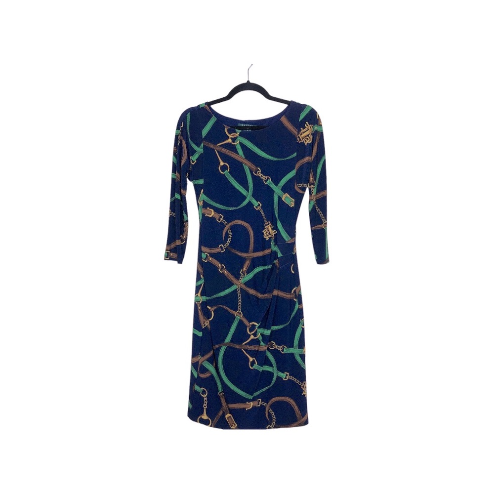 Lauren Ralph Lauren. Navy Green Belting Print 3/4 Sleeves Cinched Midi Dress 4